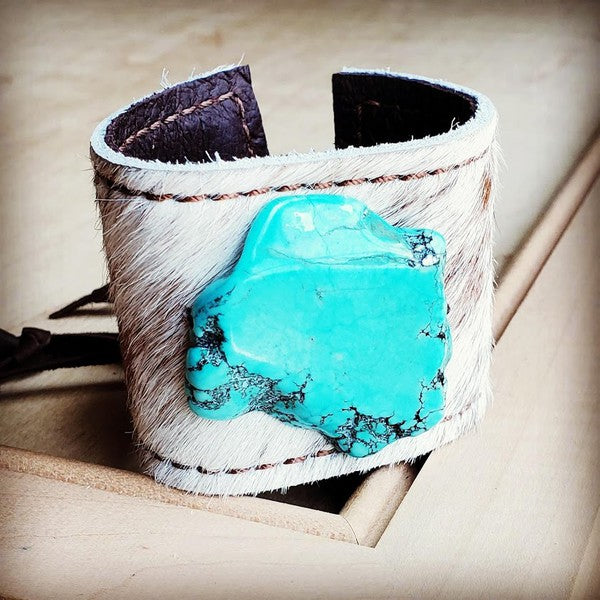 Leather Cuff -Spotted Hair Hide w/ Turquoise Slab